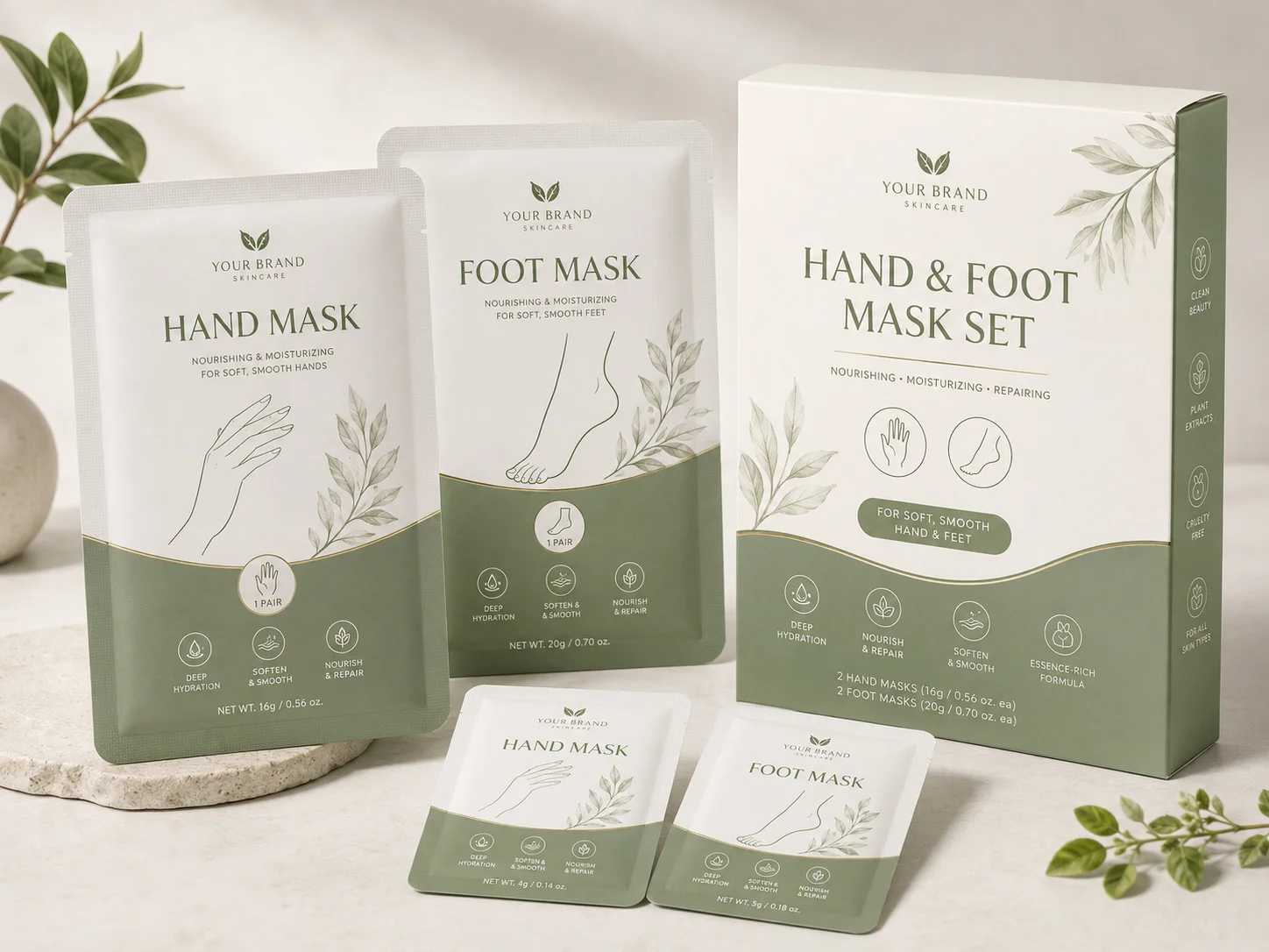 A hand and foot mask set featuring individual hand and foot masks with a focus on nourishing, moisturizing, and repairing skin, displayed on a neutral surface with green leaf decor.